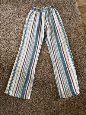 Sky and Sparrow Teal, Cream & Burgundy Striped Smocked Waist Pants